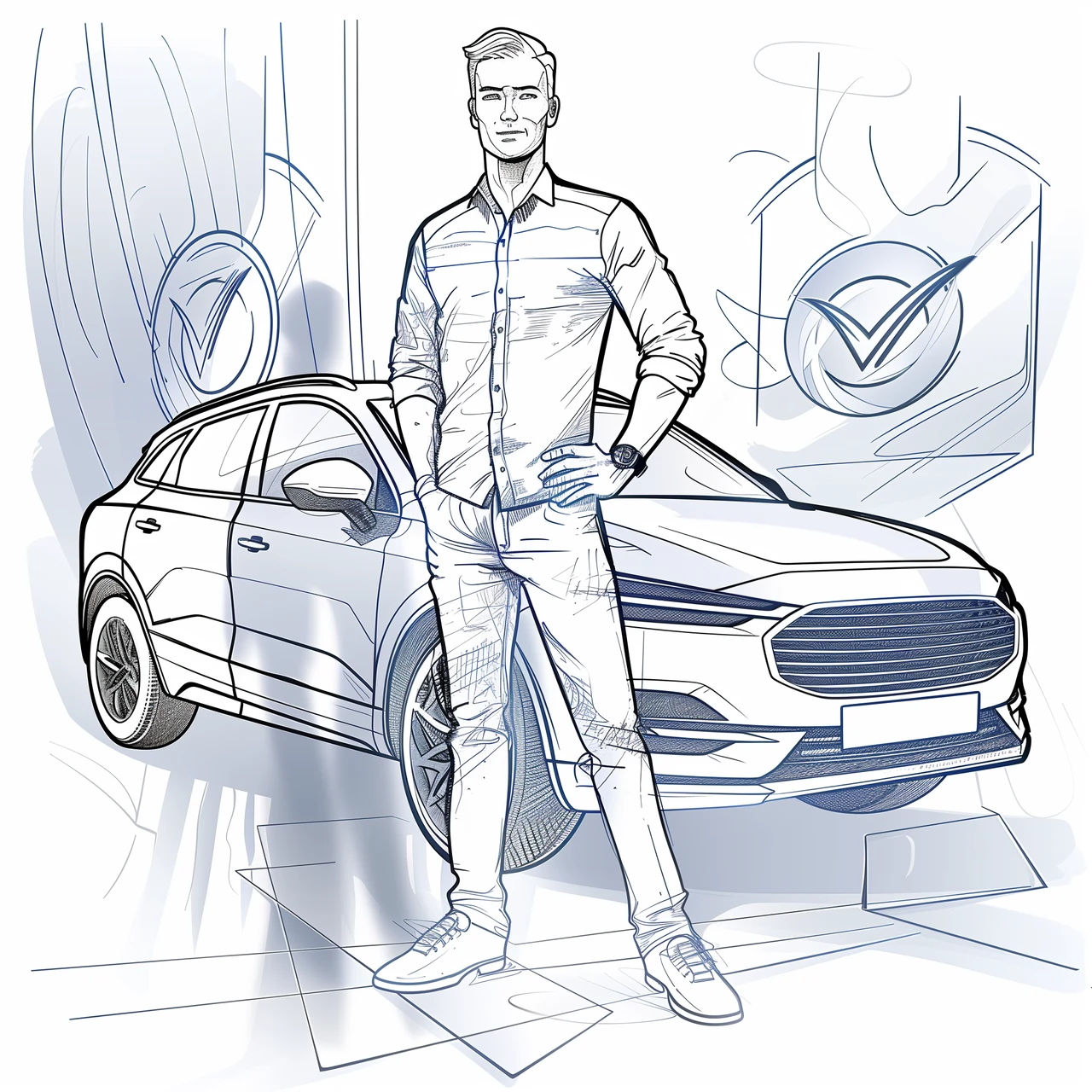 Kfz Sachverständiger für Gutachten steht vor PKW mit Siegeln